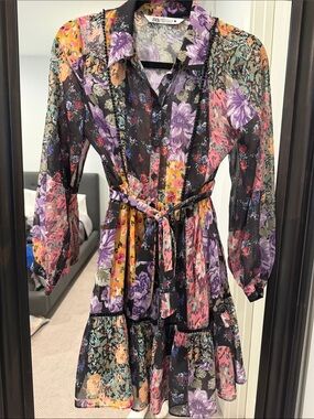 Zara Black Floral Patchwork Belted Long Sleeve Dress